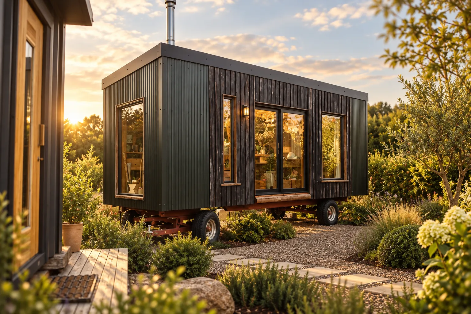 A timber-clad mobile sauna in a sunlit garden