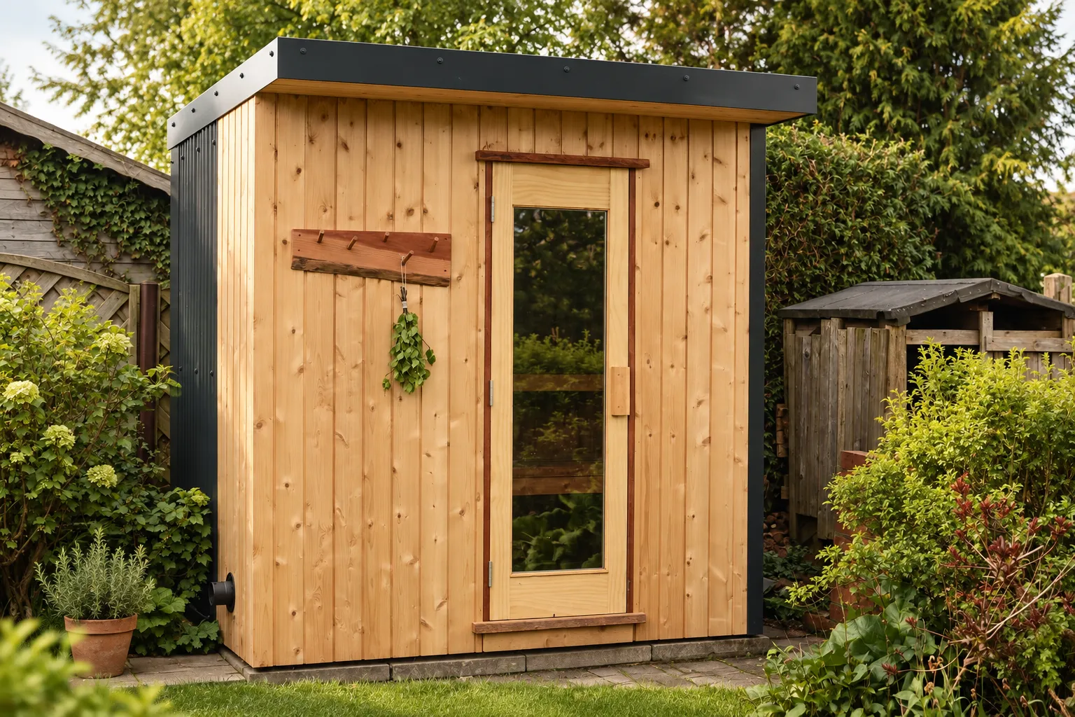 Cedar-clad garden sauna with glazed door and handmade wooden hooks