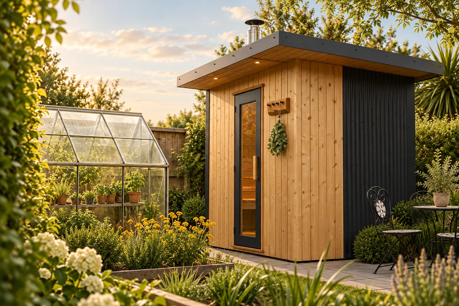 A cedar and charcoal garden sauna in golden evening light beside a greenhouse, flower beds and a bistro table