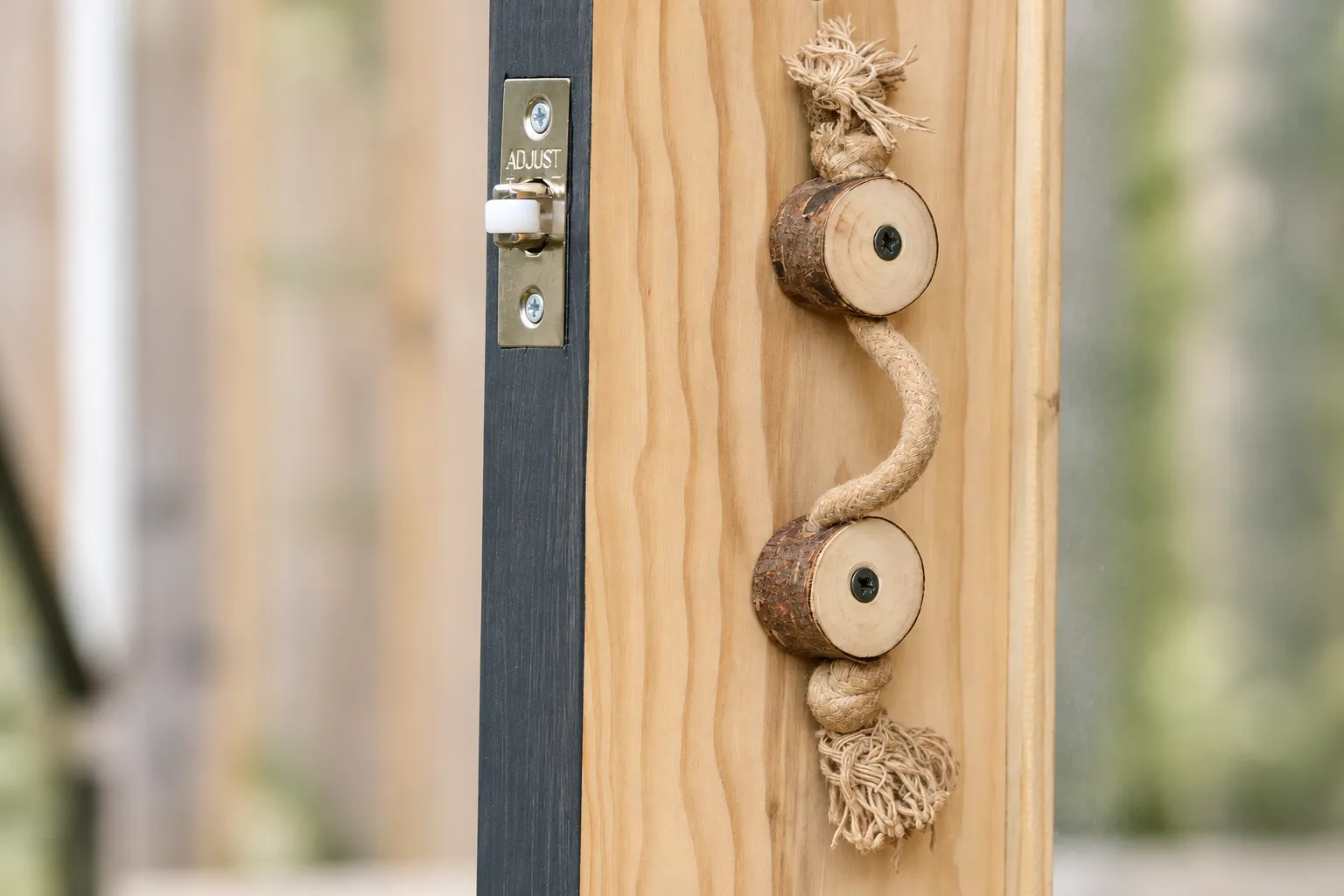 Rope handle fixed with round sections of natural wood
