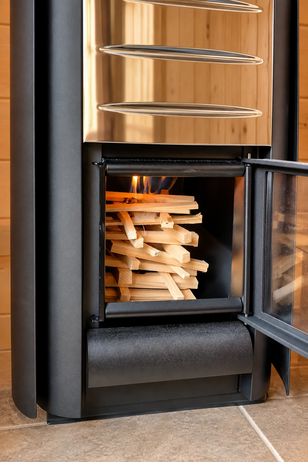 Kindling and a small flame in an open sauna stove